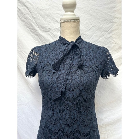 Betsey Johnson Black Lace Dress Tie Neck Mock High Collar Short Sleeve - Picture 2 of 7
